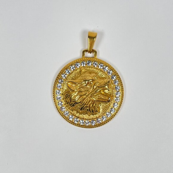 Gold Wolf Head Medallion Pendant - Picture 1 of 3